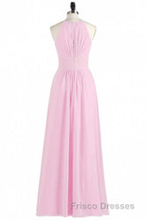 Pink Chiffon Halter Sleeveless A-Line Long Bridesmaid Dress